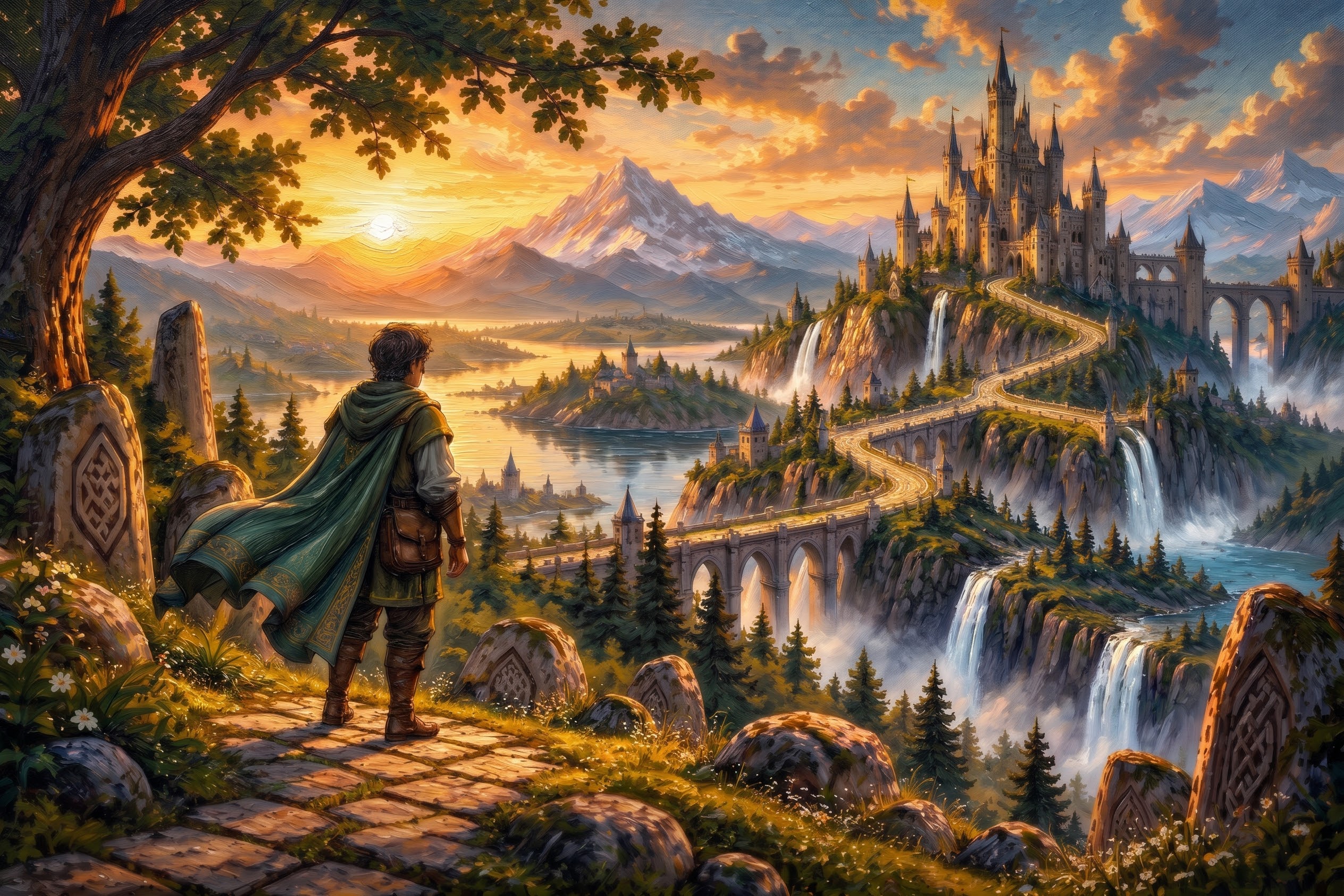 Un viajero contempla un camino hacia un gran castillo entre montañas al atardecer